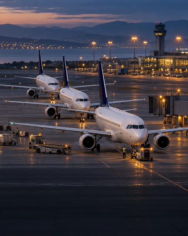 An imagined line of passenger aircraft on an airport apron