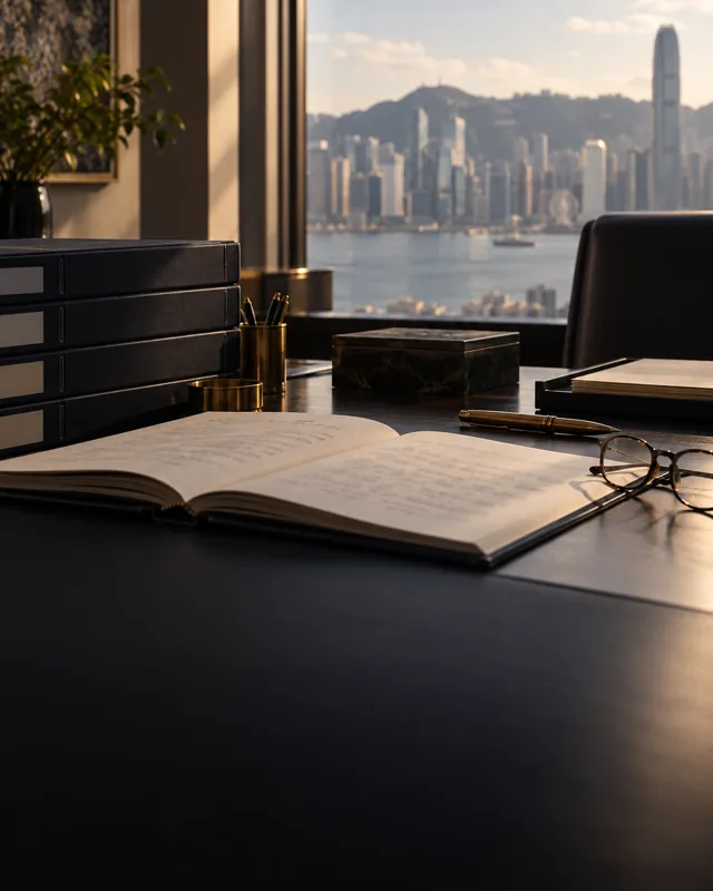 An open record book, archival folders and a pen on a desk