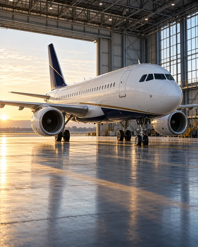 An imagined narrowbody aircraft in a sunlit maintenance hangar