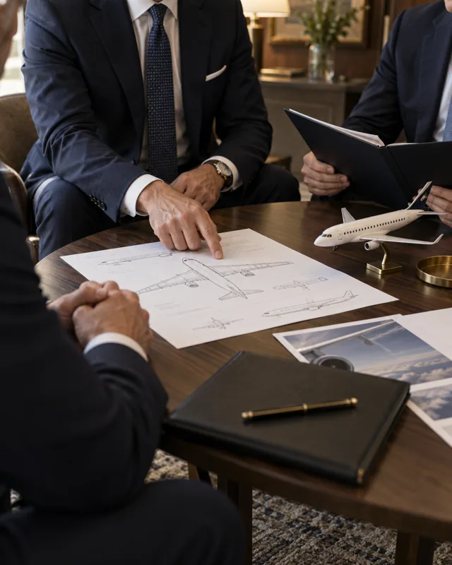 Professionals reviewing aircraft documents around a table